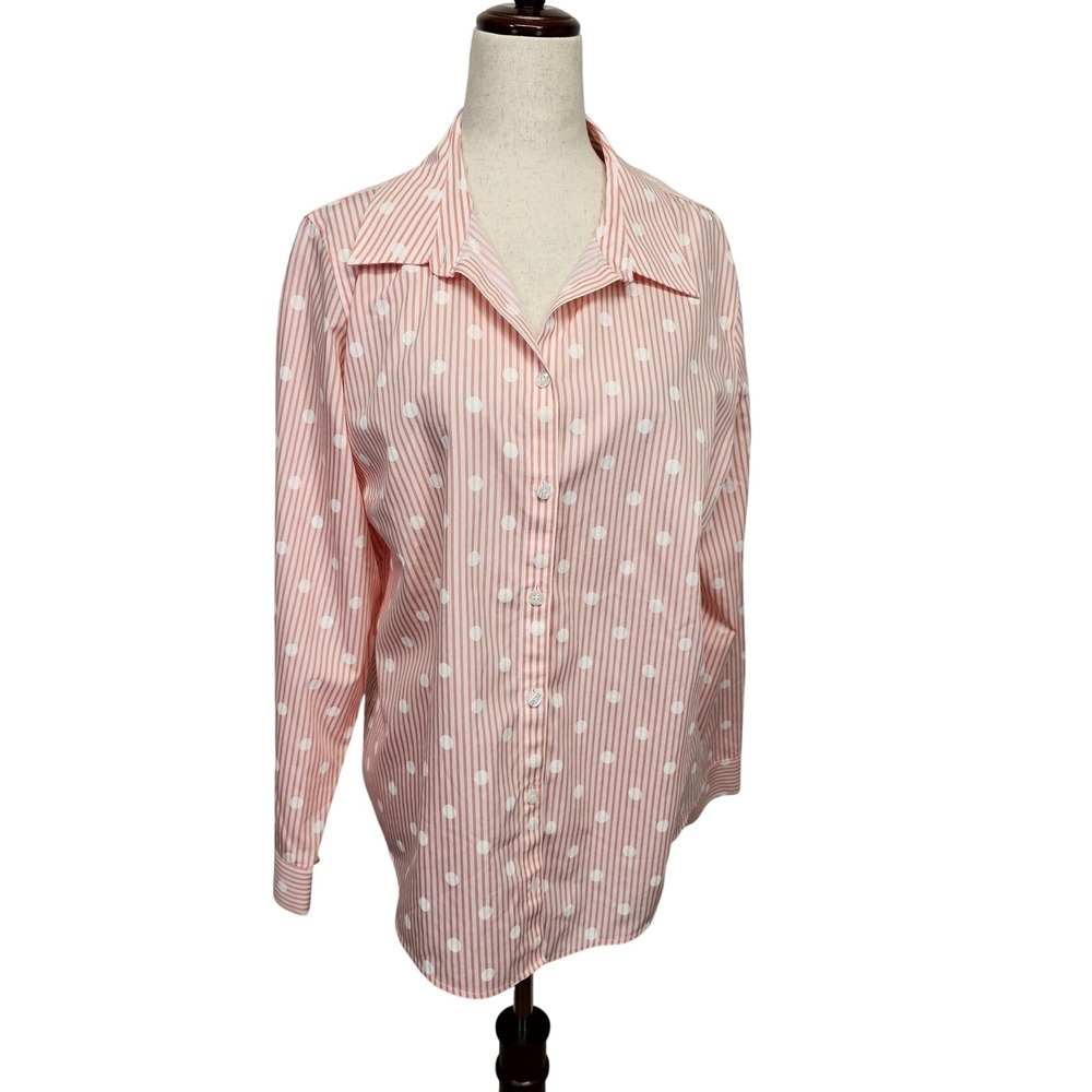 Chicos Shirt Womens 2 Pink White Striped Polka Dot No Iron Button Up Long Sleeve